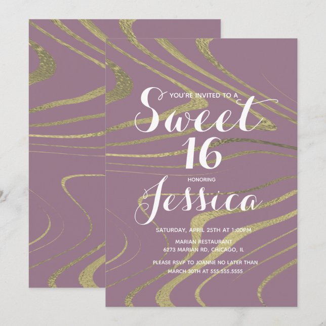Convite Doce 16 | Mármore Violeta Falso Zebra Dourado (Frente/Verso)