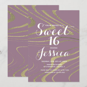 Convite Doce 16   Mármore Violeta Falso Zebra Dourado