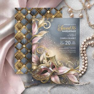 Convite Doce 16 Mascarada com Rosa Dourado ID1032