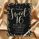 Convite Doce 16 Menina Dourada Negra Moderna, Nadinha<br><div class="desc">"Feliz Doce 16". Envie este convite de festas impressionante, brilhante, giro, festivo, moderno, personalizado para um evento que se lembre. Dourada tipografia de script brilho e cobertura de confetti. Mais confete com brilho dourado sobrepõe-se a preto nas costas. Personalize o texto personalizado com o nome da sua filha e com...</div>