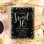 Convite Doce 16 Menina Glitter Negra Dourada Moderna Anive<br><div class="desc">"Feliz Doce 16". Envie este convite de festas impressionante, brilhante, giro, festivo, moderno, personalizado para um evento que se lembre. Dourada tipografia de script brilho e cobertura de confetti. Confiador de ouro adicional sobrepõe o papel dourado escovado nas costas. Personalize o texto personalizado com o nome da sua filha e...</div>