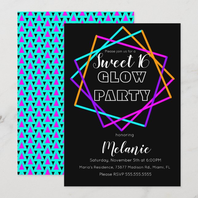 Convite Doce 16 Neon Brilho No Escuro Multi Laser (Frente/Verso)