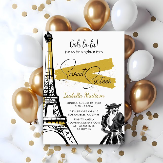 Convite Doce 16 Noite de Torre Eiffel em Paris, Dourada (Sweet 16 Birthday Eiffel Tower Night in Paris Gold Invitation
)