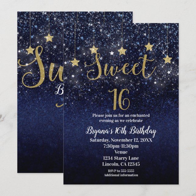 Convite Doce 16 Noite Estrelada Dourado Azul Brilho Céu Fe (Frente/Verso)