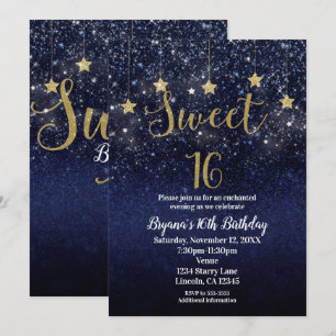 Convite Doce 16 Noite Estrelada Dourado Azul Brilho Céu Fe