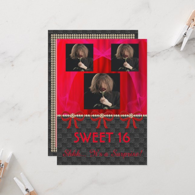 Convite Doce 16 Partido Surpresa Red Silk e Pérolas e foto (Frente/Verso In Situ)