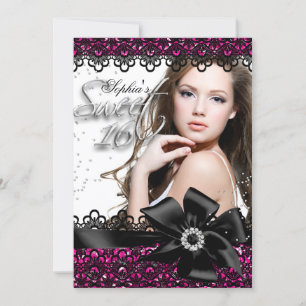 Convite doce 16 Pink & Black Glitter Lace Photo