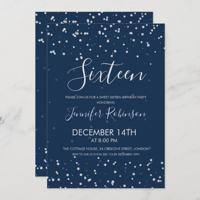 Convite Doce 16 pontos de Festa de aniversário prateada na (Frente/Verso)