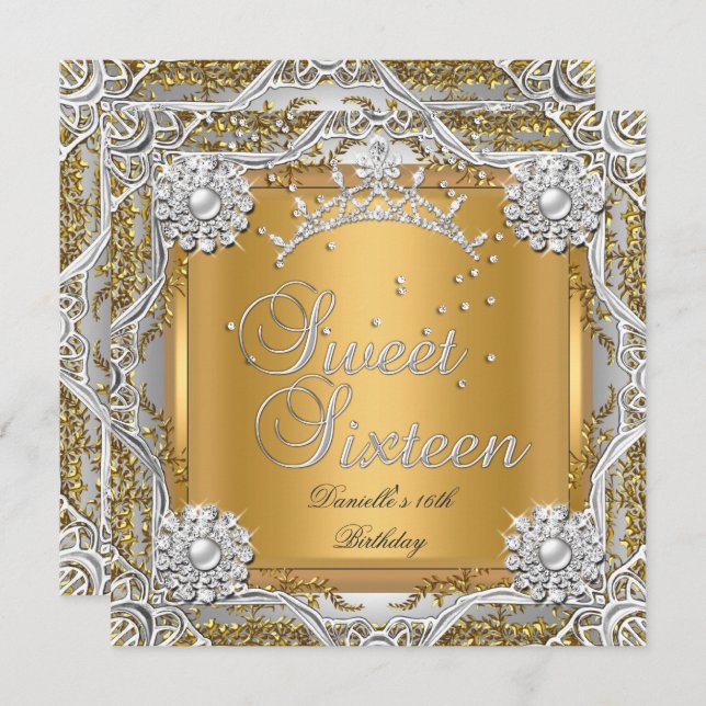 Convite Doce 16 Prata Dourada de Festa de aniversário (Frente/Verso)