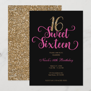 Convite Doce 16 Preto Rosa Quente Dourado Brilho Aniversár