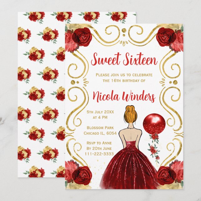 Convite Doce 16 princesa de cabelo vermelho (Frente/Verso)