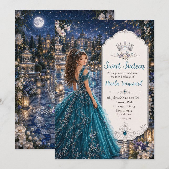 Convite Doce 16 Princesa Jardim Azul Turquesa (Frente/Verso)
