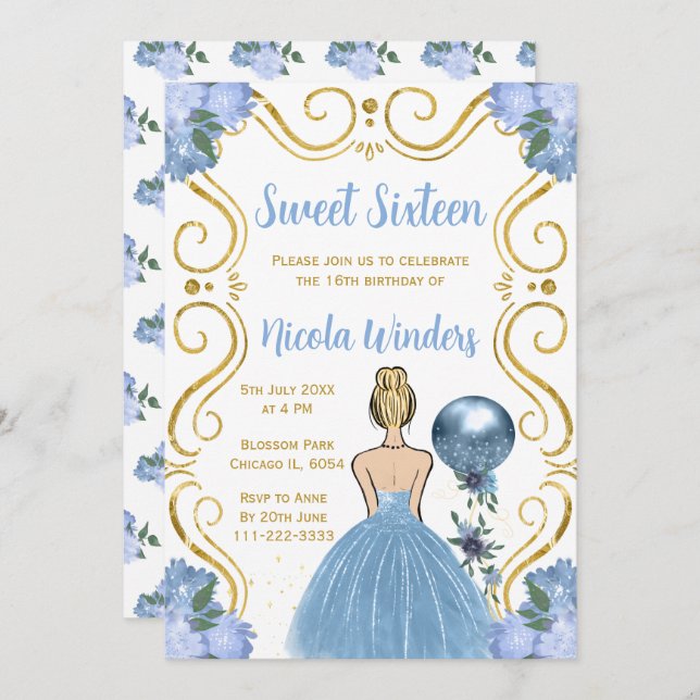 Convite Doce 16 princesa loira em azul (Frente/Verso)