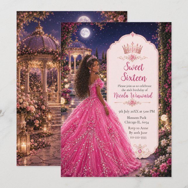 Convite Doce 16 Princesa Real Rosa (Frente/Verso)