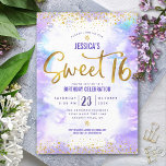 Convite Doce 16 Purple Watercolor Dourado Girly Aniversári<br><div class="desc">"Feliz Doce 16". Envie este convite de festas maravilhoso, simples, festivo, moderno, personalizado para um evento a se lembrar. Folha de ouro brilhante e minúsculos pontos brilhantes de confetti e script de tipografia sobrepõem um fundo de aquarela roxa mole. Personalize o texto personalizado com o nome da sua filha e...</div>