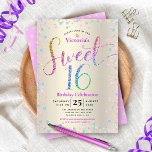 Convite Doce 16 Rainbow Glitter Confetti Dourado Aniversár<br><div class="desc">"Feliz Doce 16". Envie este convite de festas impressionante, brilhante, giro, festivo, moderno, personalizado para um evento que se lembre. A tipografia do arco-íris com escrita brilhante, juntamente com turquesa festiva, cor-de-rosa púrpura e confete dourado, sobrepõe um fundo metálico de folha de ouro de champanhe. Um padrão dourado de ponto...</div>