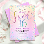 Convite Doce 16 Rainbow Glitter Confetti Ombre Aniversário<br><div class="desc">"Feliz Doce 16". Envie este convite de festas impressionante, brilhante, giro, festivo, moderno, personalizado para um evento que se lembre. A tipografia do arco-íris com escrita brilhante, juntamente com turquesa festiva, cor-de-rosa púrpura e confete dourado, sobrepõe um fundo metálico de folha de papel ombre arco-íris. Um padrão dourado de ponto...</div>