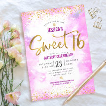 Doce 16 Rosa Aquarela Dourado Glamouroso Aniversár