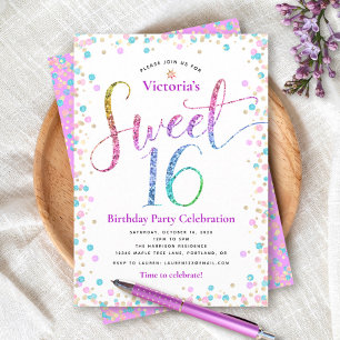 Convite Doce 16 Rosa Dourado Azul Brilho Pontos Aniversári