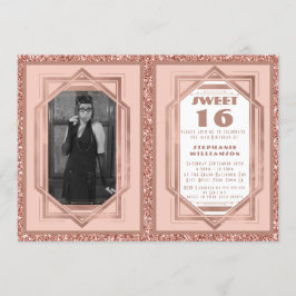 Convite Doce 16 Rosa Dourado e Glitter Gatsby Art Deco