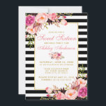 Convite Doce 16 Rosa Floral Striped Dourado<br><div class="desc">Cartão de Convite Dourado Floral Rosa-Rosa,  com 16 Bons-de-Aniversário - Stripes Negras e Brancas</div>