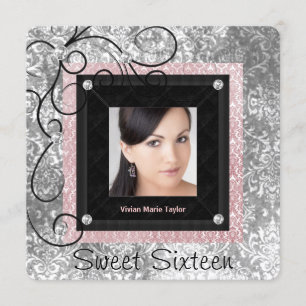 Convite Doce 16 Rosa Prata e Preto Damask