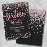 Convite Doce, 16 rosa, rosa, Dourada, 16.º aniversário<br><div class="desc">Apresentando um doce e divertido convite de aniversário 16 e 16 que é perfeito para celebrar no estilo. O elegante design apresenta uma mistura de brilho rosa-rosa dourado e confete reluzente prateado, adicionando um toque giro e divertido. No topo, "Dezesseis" é exibido com destaque na caligrafia em negrito, definindo o...</div>