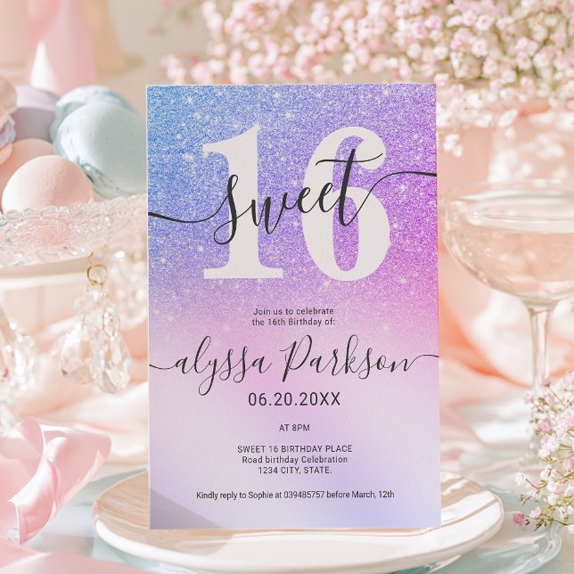 Convite Doce 16 Rosa Roxo Azul Brilho Falso (Pink Purple Blue Faux Glitter Sweet 16 Invitation)
