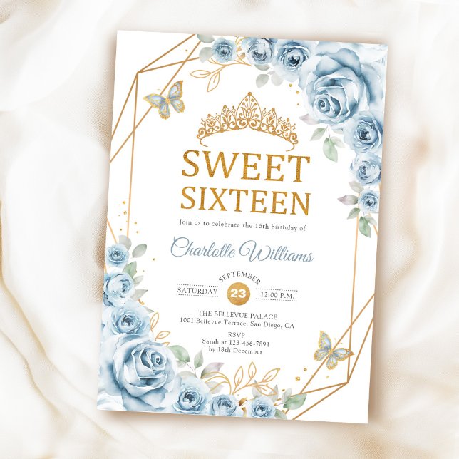 Convite Doce 16 Rosas Azul Bebê Douradas Elegantes (Criador carregado)