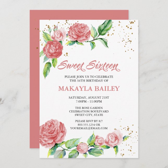 Convite Doce 16 rosas cor-de-rosa 16ª Festa de aniversário (Frente/Verso)