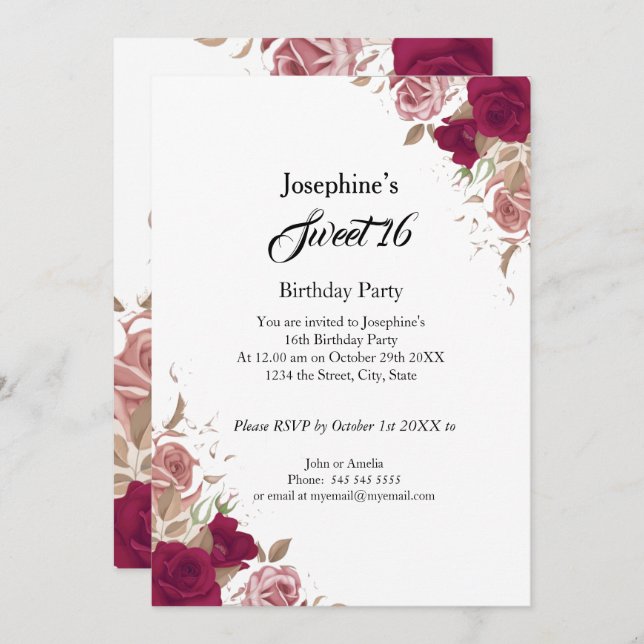 Convite Doce 16 Rosas Rosa Vermelhas Festas de aniversário (Frente/Verso)