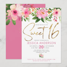 Doce 16 Roteiro Dourado Rosa Floral Aquarela