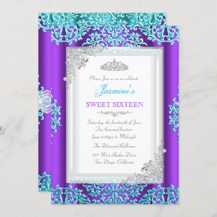 Convite Doce 16 Roxo Lace Teal Silver Damask Tiara