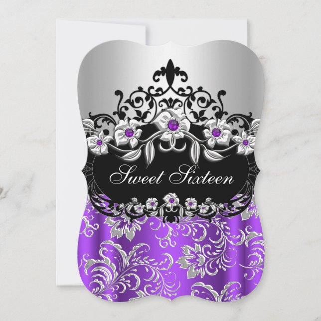 Convite Doce 16 Roxo Prata Preto Floral Jóia Festa (Frente)