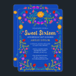 Convite Doce 16 Royal Blue Mexicano Fiesta Floral Birthday<br><div class="desc">Royal Blue Sweet 16 Convite para a 16ª celebração de aniversário da sua filha. Este tema floral apresenta flores coloridas e brilhantes de arte folclórica mexicana em vermelho, rosa, roxo e amarelo em um fundo azul real. A parte de trás do cartão está cheia de mais flores. O modelo está...</div>