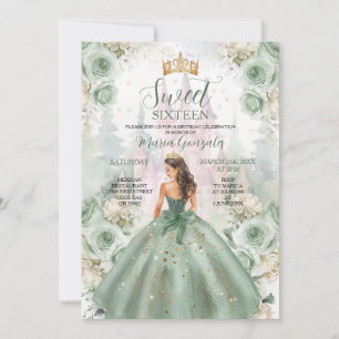 Convite Doce 16 Sage Green Princess Floral Castle