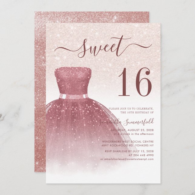 Convite Doce 16 Script Rosa Dourado Glitter Birthday (Frente/Verso)
