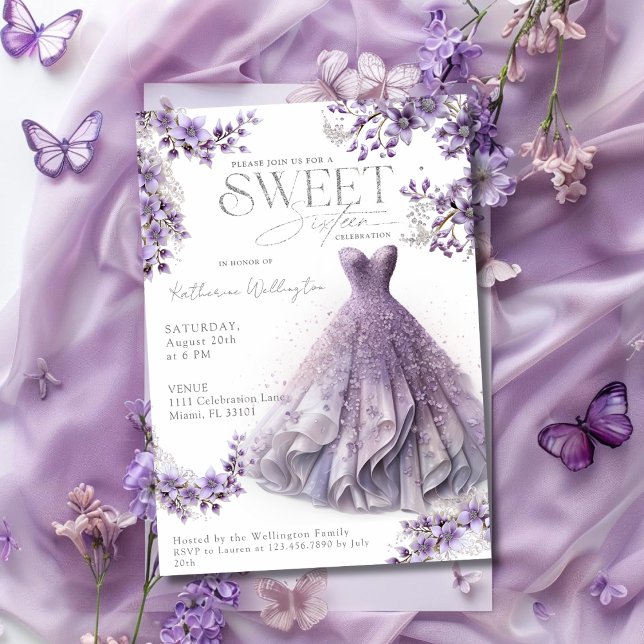 Convite Doce 16 Sessenta Roupa Lilac Roxo Floral (Sweet 16 Sixteen Purple Lilac Dress Floral Invitation)