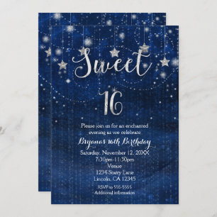 Convite Doce 16 Starry Night Silver & Blue Invitation
