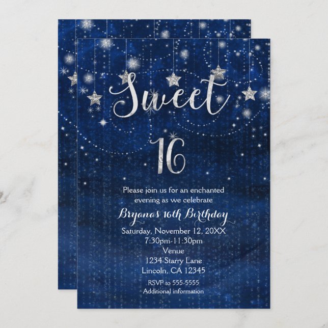 Convite Doce 16 Starry Night Silver e Blue Invitation (Frente/Verso)