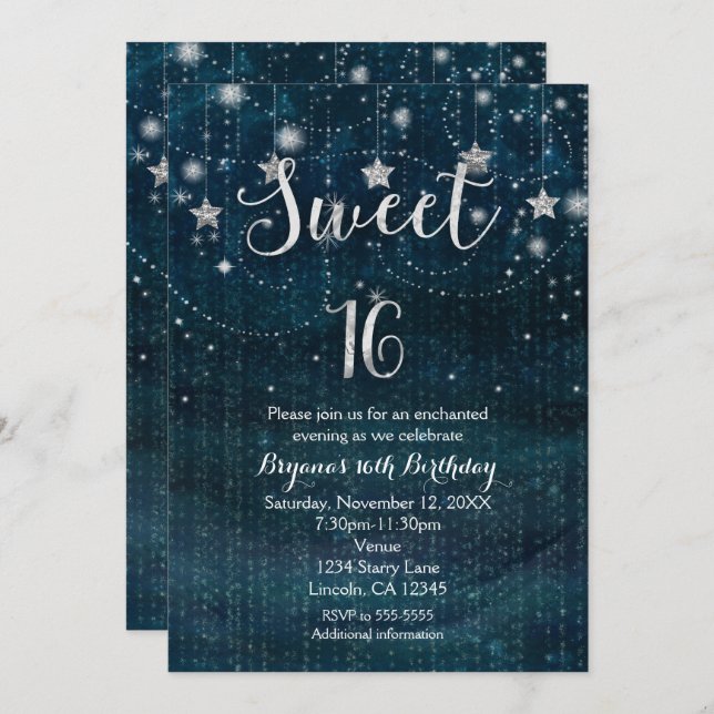 Convite Doce 16 Starry Night Silver e Blue Invitation (Frente/Verso)