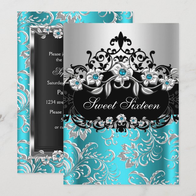 Convite Doce 16 Teal Silver Black Floral Jewel Party (Frente/Verso)