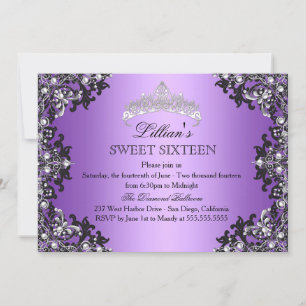 Convite Doce 16 Tiara de Damasco Preto Prata Roxo