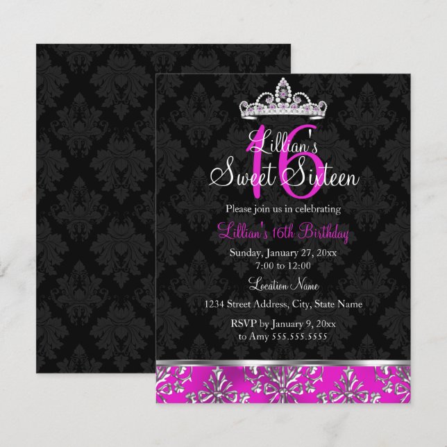 Convite Doce 16 Tiara de Damasco Preto Rosa Quente (Frente/Verso)