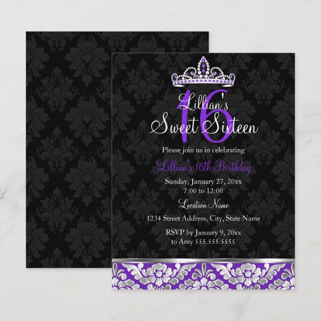 Convite Doce 16 Tiara de Damasco Preto Roxo (Frente/Verso)