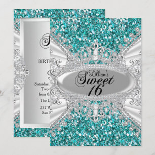 Convite Doce 16 Tiara de Diamante Brilho Turquesa