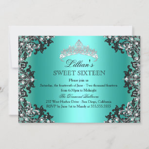 Convite Doce 16 Tiara Jade Prata Preto Damasco