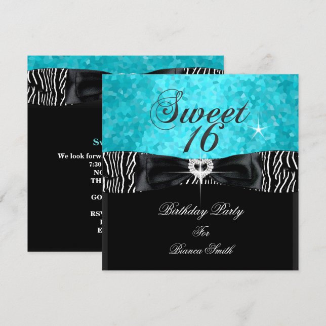 Convite Doce 16 Turquesa Preto Zebra (Frente/Verso)