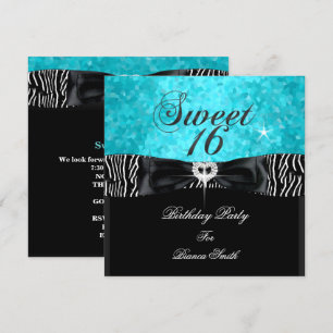 Convite Doce 16 Turquesa Preto Zebra