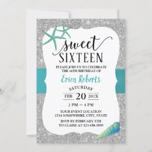 Convite Doce 16 Turquoise Beach Starfish Modern Silver